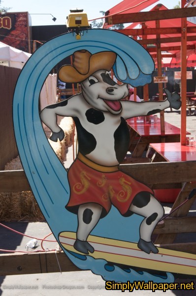 sign showing a cow riding a surf board