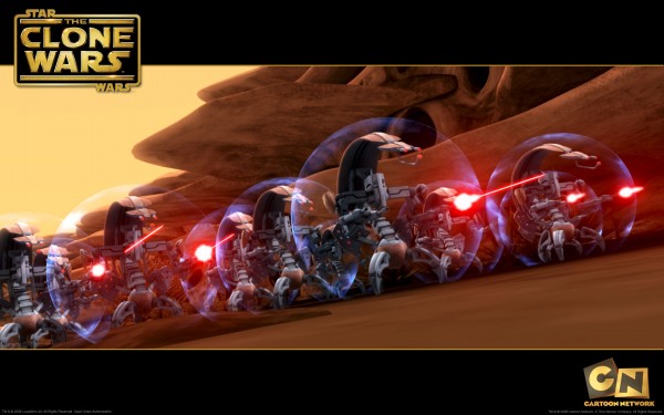 wallpaper image of a group of shielded destroyer droids on the attack