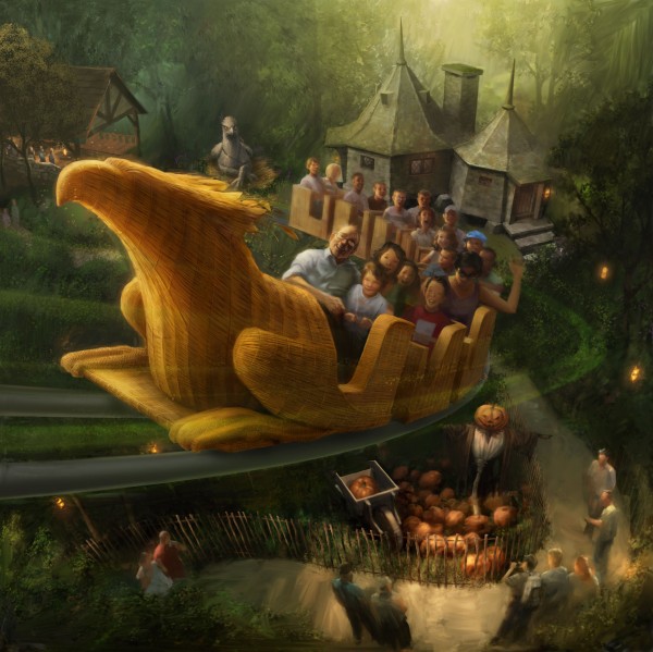 concept art of the flight of the hippogriff roller coaster