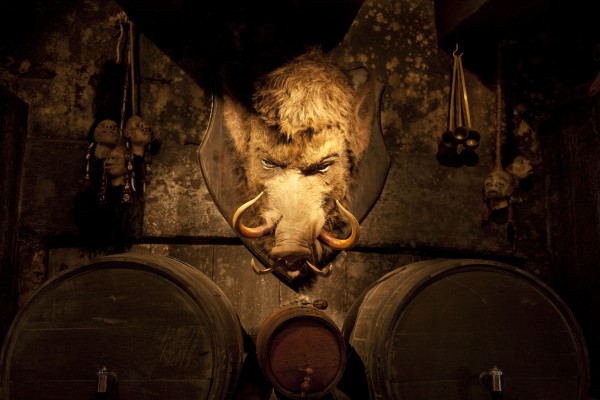 mounted hog's head on the wall over barrels of butter beer