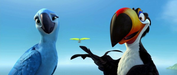 Rafael the toucan talks to Jewel the macaw in a scene from the movie Rio