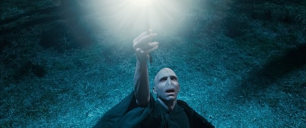 Lord Voldemort casting a spell in a scene from Harry-Potter-Deathly-Hallows