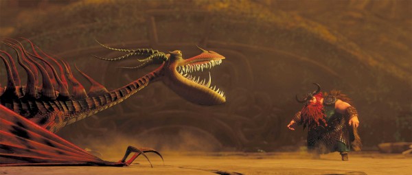 Stoic the viking faces off against the Monstrous Nightmare dragon from the movie How to Train Your Dragon