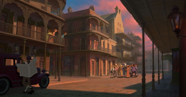 a street scene in the French Quarter of New Orleans from the Disney movie Princess and the Frog wallpaper
