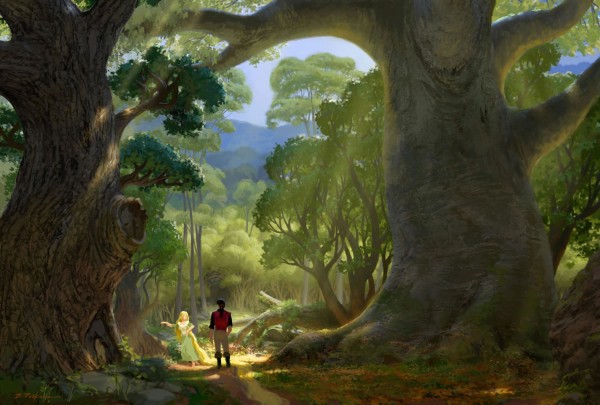 Rapunzel and Flynn in the forest concept art from Disney's animated movie Tangled wallpaper picture