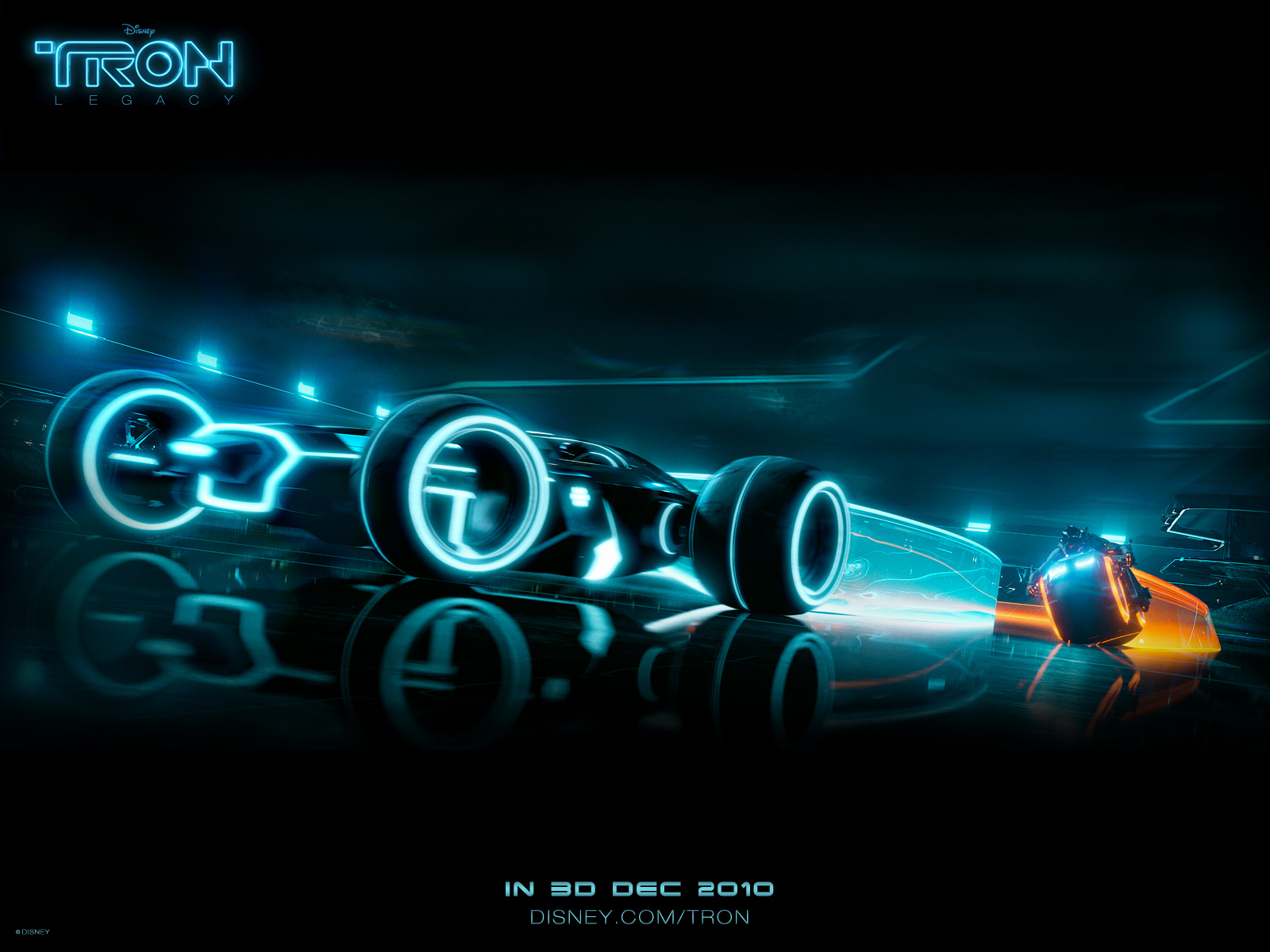 Light Cycle and Car Race from Disneys Tron Legacy Desktop Wallpaper