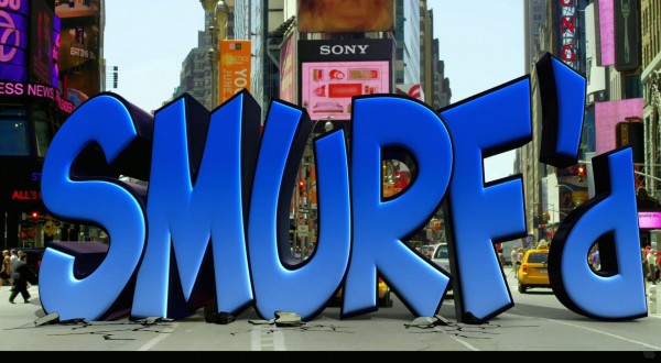 the Smurfs in New York City live action movie wallpaper showing the word Smurf'd