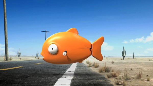 a windup plastic fish crossing the road from the movie Rango wallpaper