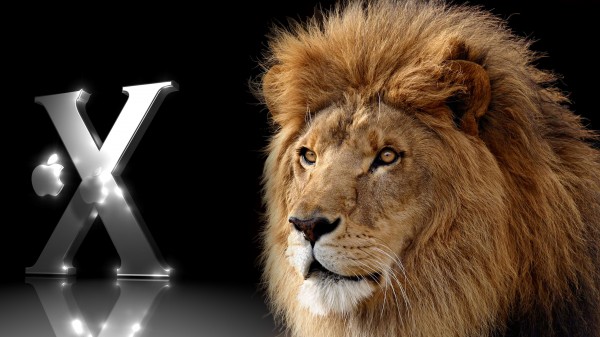 African Lion against the Apple Mac OS X logo in metallic finish