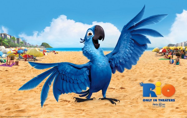 Blu the blue macaw bird on the beach in the animated movie Rio