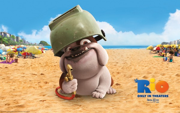 Luiz the bulldog on the beach in the animated movie Rio