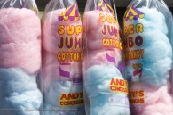 bags of red and blue cotton candy