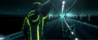 two light cycle riders on a bridge inside the world of tron legacy