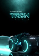 a tron legacy movie poster showing a light cycle speeding by