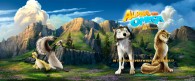 Kate and Humphrey, two wolves from Alpha and Omega on a scenic landscape