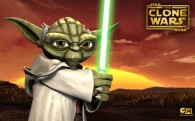 wallpaper picture of jedi master joda holding a light saber from the clone wars series