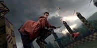 Harry Potter flying on a broomstick in a quidditch game