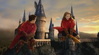 two young wizards flying on broomsticks
