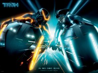 Sam Flynn crashing against another light cycle from Disney's Tron Legacy movie wallpaper