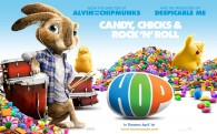 EB the easter bunny surrounded by candy along with Carlos and Phil from the animated movie Hop wallpaper picture