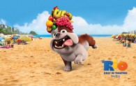 Luiz the bulldog on the beach in the animated movie Rio