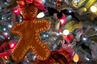 christmas tree with ornaments and gingerbread man wallpaper