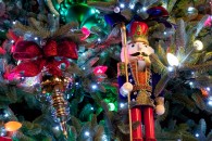 christmas tree at night with ornaments and nutcracker wallpaper