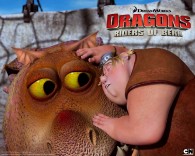 Fishlegs riding Meatlug the gronckle dragon from Dreamworks Dragons: Riders of Berk How to Train Your Dragon TV Series