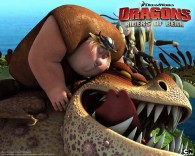 Fishlegs riding Meatlug the gronckle dragon from Dreamworks Dragons: Riders of Berk How to Train Your Dragon TV Series