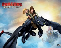 Hiccup and Astrid riding Toothless the night fury dragon from Dreamworks Dragons: Riders of Berk How to Train Your Dragon TV Series